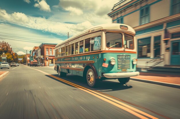 Foto um ônibus vintage atravessando uma cidade histórica o design retro do ônibus e as cores vibrantes tornam-no um meio de transporte encantador