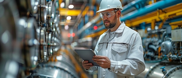 Foto um operador a bordo de um petroleiro de fábrica de fabricação cheio de leite ou cerveja usa um sistema de controle de tablet idea superior banner do setor alimentar