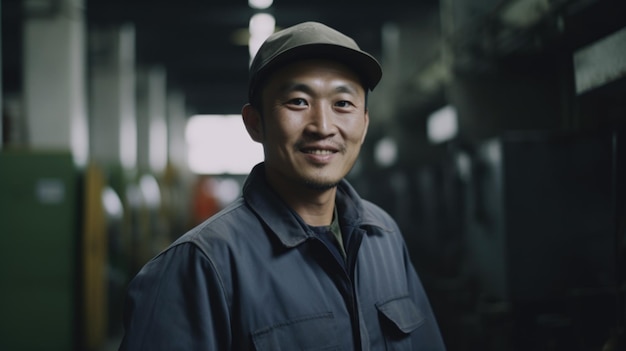 Um operário chinês sorridente em uma fábrica de chapas metálicas