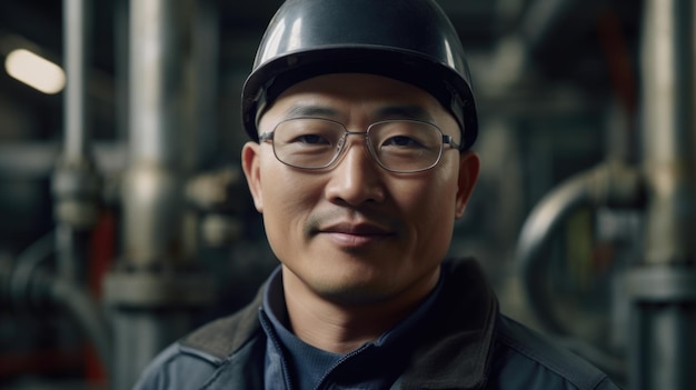 Um operário chinês sorridente em uma refinaria de petróleo