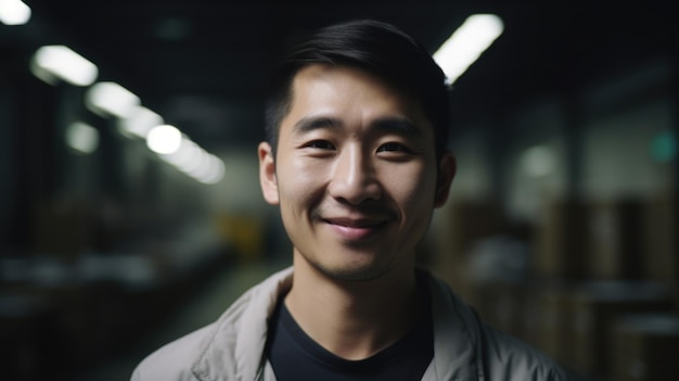 Um operário chinês sorridente parado no armazém