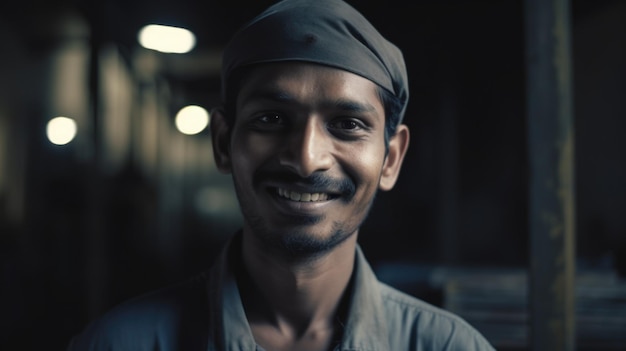 Um operário indiano sorridente parado na fábrica de chapas metálicas