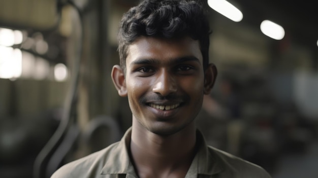 Um operário indiano sorridente parado na fábrica de chapas metálicas