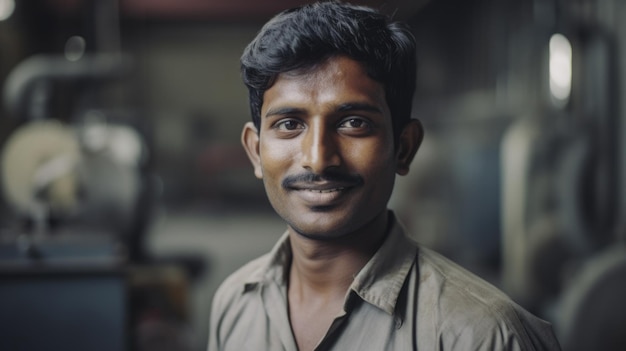 Um operário indiano sorridente parado na fábrica de chapas metálicas