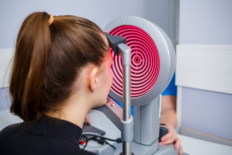 Um optometrista em sua clínica estuda a visão. Oftalmologia, diagnósticos médicos.