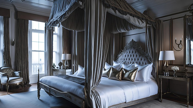Um opulento quarto de cobertura com uma cama de dossel
