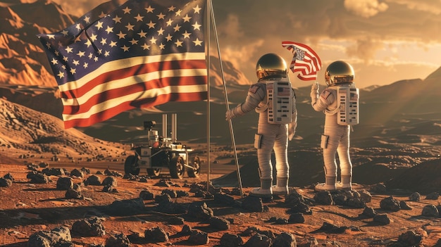 Um orgulhoso astronauta americano planta uma bandeira americana num planeta alienígena uma base de pesquisa e um rover são vistos atrás deles