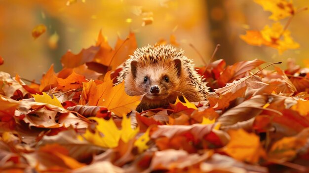 Um ouriço caprichoso no meio da folhagem de outono