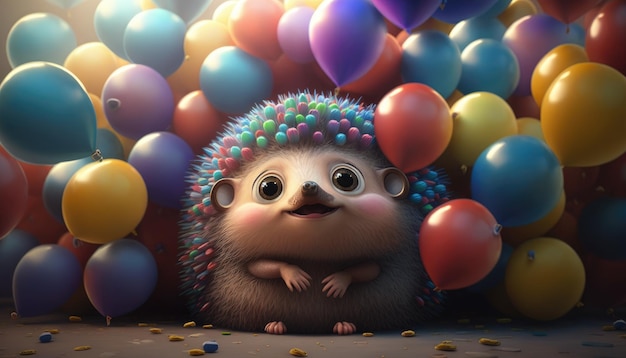 Um ouriço cercado por balões é cercado por balões.