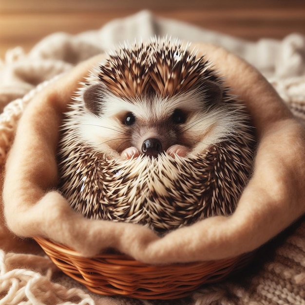 Foto um ouriço espinhoso e tímido rolando em uma bola em uma cesta aconchegante com um cobertor com seu nariz e olhos