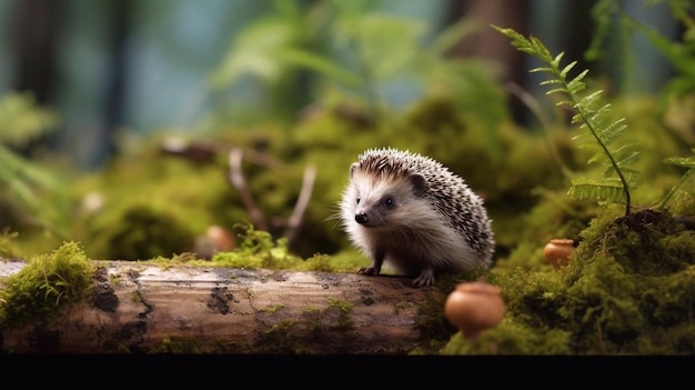 Um ouriço senta-se em um tronco em uma floresta Fotografia da vida selvagem