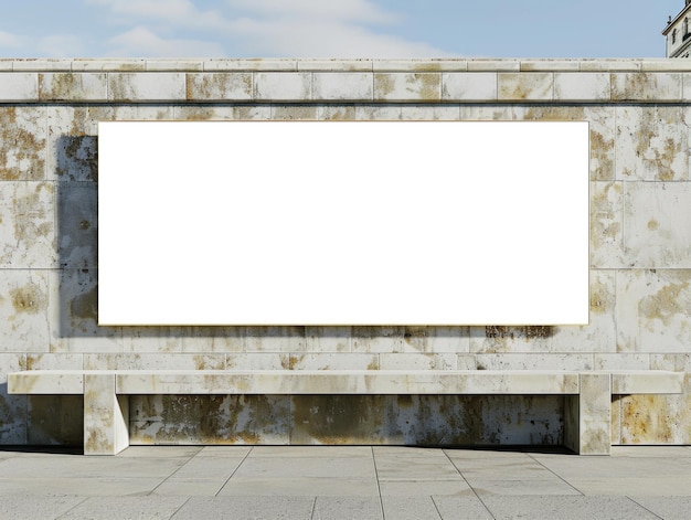Um outdoor branco está em uma parede de pedra ao lado de um banco