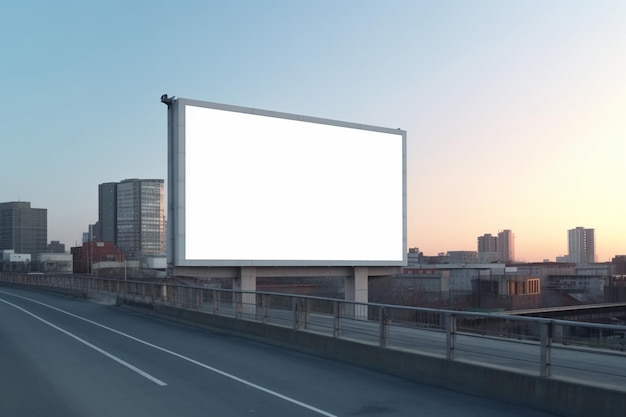 Um outdoor branco vazio para sua publicidade fica perto da estrada em uma grande metrópole urbana