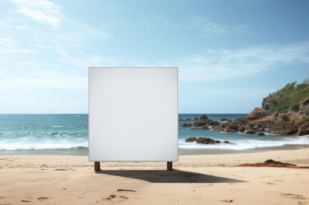 Um outdoor com lugar para o texto fica na praia à beira-mar na areia