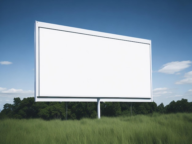 Um outdoor em branco em um campo com um céu azul ao fundo.