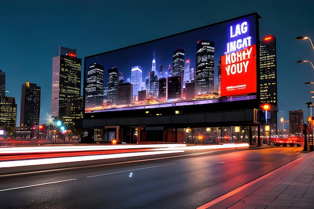 Um outdoor grande foto na maquete da cidade à noite 3d cidade futurista com outdoor