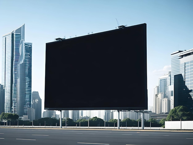 um outdoor preto em branco em uma cidade futurista