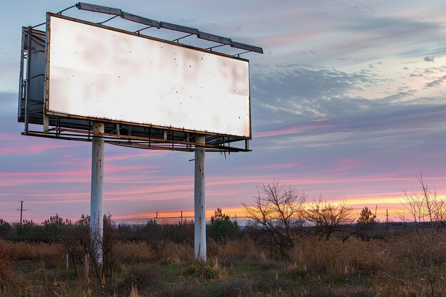 Um outdoor urbano em branco no brilho do pôr-do-sol