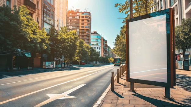 Um outdoors branco vertical em uma parada de ônibus em uma rua da cidade No fundo estão edifícios e uma estrada Mockup Poster ao lado da estrada em um dia de verão ensolarado