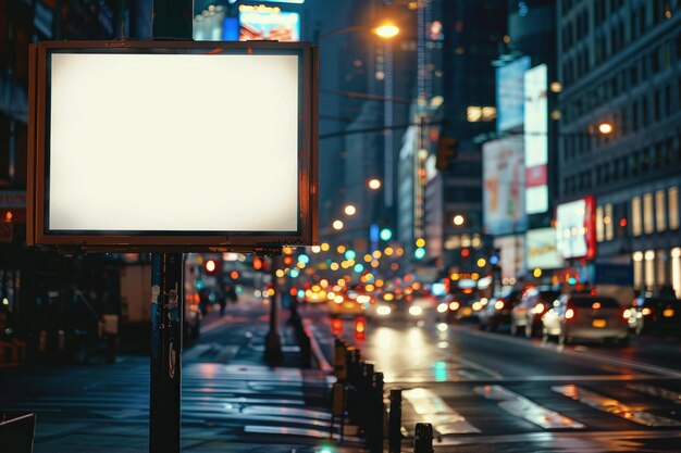 Foto um outdoors em branco em uma rua movimentada da cidade ao anoitecer