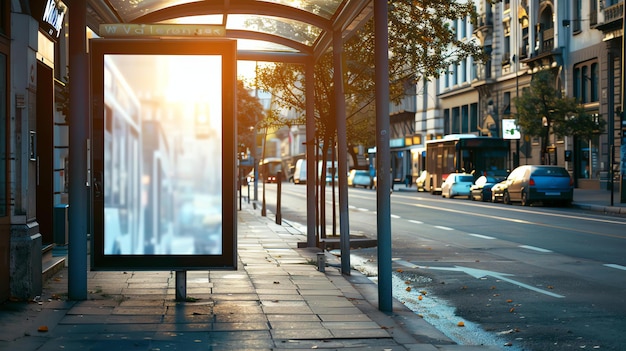 Foto um outdoors vazio em uma parada de ônibus na cidade há um ônibus se aproximando na rua com carros estacionados no lado