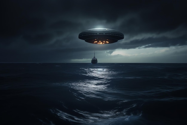 Um OVNI está voando sobre o oceano com um navio ao fundo.