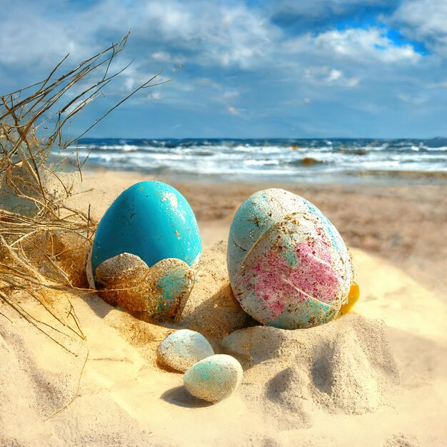 Um ovo azul e rosa com um coração está na praia.