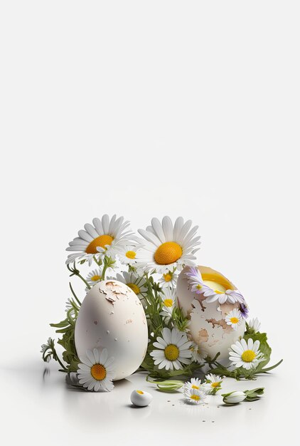 Foto um ovo branco e amarelo com margaridas e flores