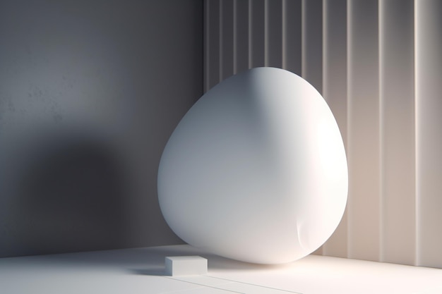 Um ovo branco está sobre uma mesa branca em uma sala com uma parede branca atrás dele.
