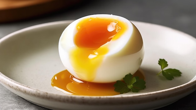 Um ovo cozido fica em um prato com um raminho de hortelã.
