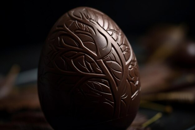 Um ovo de chocolate amargo com um desenho de árvore na frente.