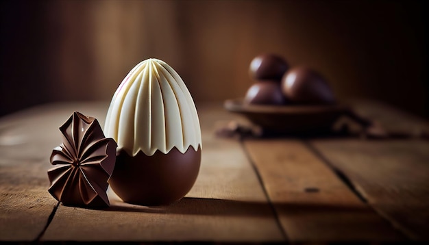 Um ovo de chocolate com tampa branca sobre uma mesa de madeira com uma tigela de chocolates ao fundo.