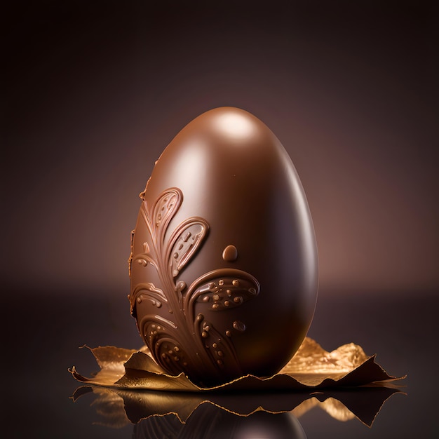 Um ovo de chocolate com um desenho de folha está sobre uma mesa.