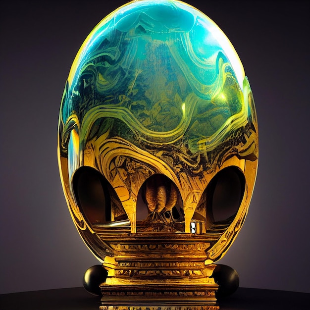 Um ovo de ouro com um desenho azul e verde.