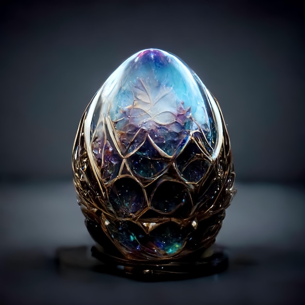 Um ovo de ouro com uma pedra azul e roxa nele.
