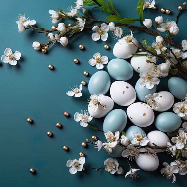 Foto um ovo de páscoa azul com flores e um ovo azul na parte superior
