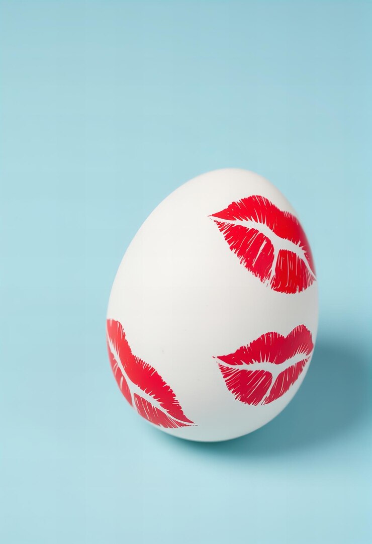 Foto um ovo de páscoa com marcas de beijo de batom vermelho em um fundo azul claro