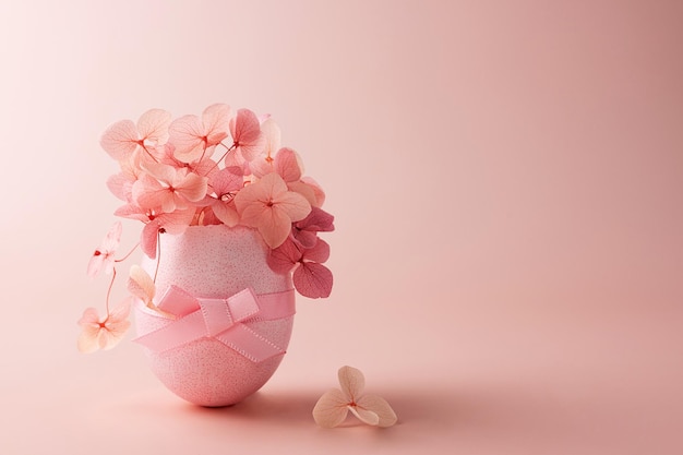 Um ovo de Páscoa com um monte de flores de hortênsia em um cartão festivo de fundo rosa