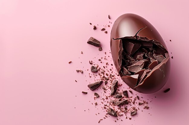 Foto um ovo de páscoa de chocolate quebrado ao meio em ba rosa pastel