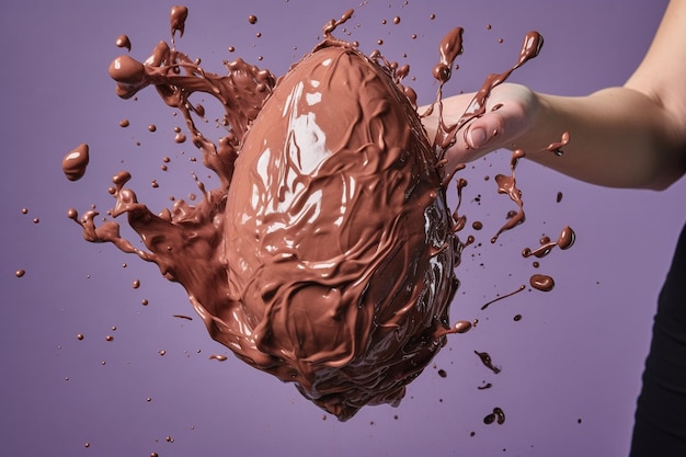 Foto um ovo de páscoa de chocolate sendo segurado ou jogado no ar