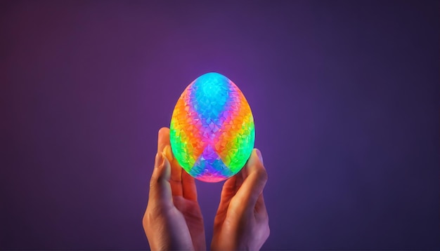 um ovo de Páscoa de néon segurado por uma mão de pessoa com as cores vibrantes