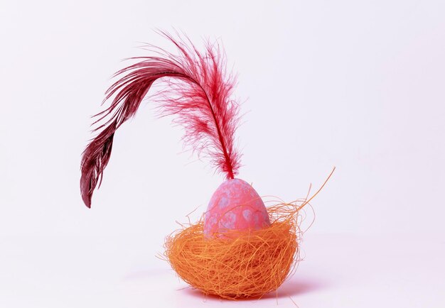 Um ovo de Páscoa decorado com uma pena brilhante dentro de um ninho de vime Espaço livre Minimalismo