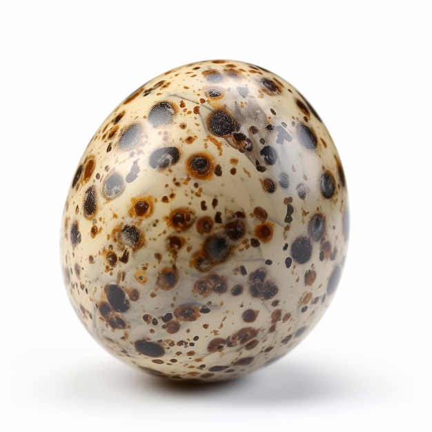 Um ovo manchado com manchas marrons está sobre um fundo branco.