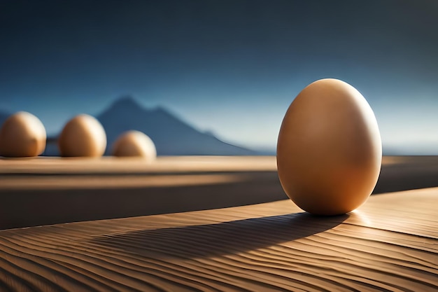 Um ovo marrom está sobre uma mesa no deserto.