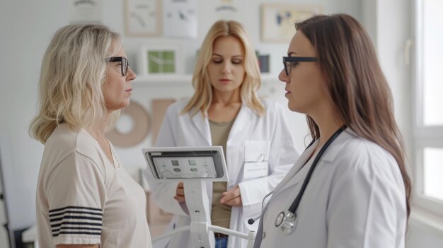 Foto um paciente gordo, pesado, gordo e obeso com síndrome metabólica visita o médico. ele pisa em uma balança digital e pede recomendação de perda de peso.