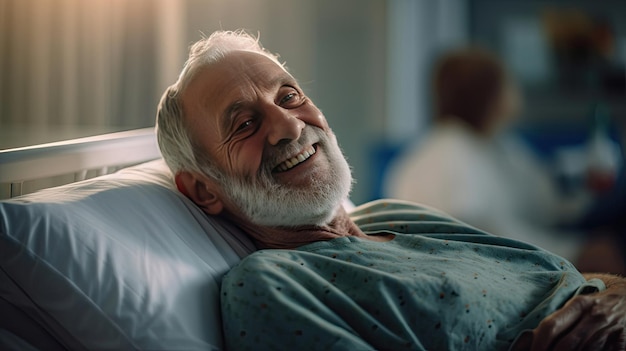 Um paciente masculino idoso deitado satisfeito sorrindo em uma cama de paciente de hospital moderno saúde médica Generative Ai