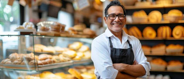 Um padeiro alegre está orgulhoso em sua padaria, braços cruzados em meio a uma abundância de pães frescos.
