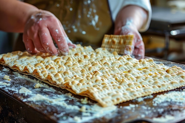 Um padeiro artesão preparando massa fresca para massas ou ravioli caseiros em um balcão de cozinha rústico