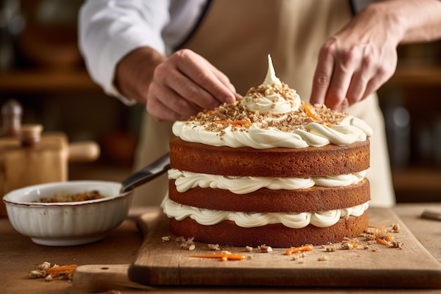 Um padeiro congelando um bolo de cenoura com gelo de queijo creme