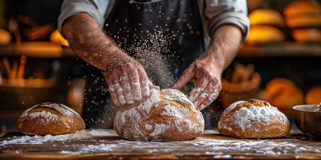 Um padeiro cuidadosamente espalha farinha sobre a massa para prepará-la para assar